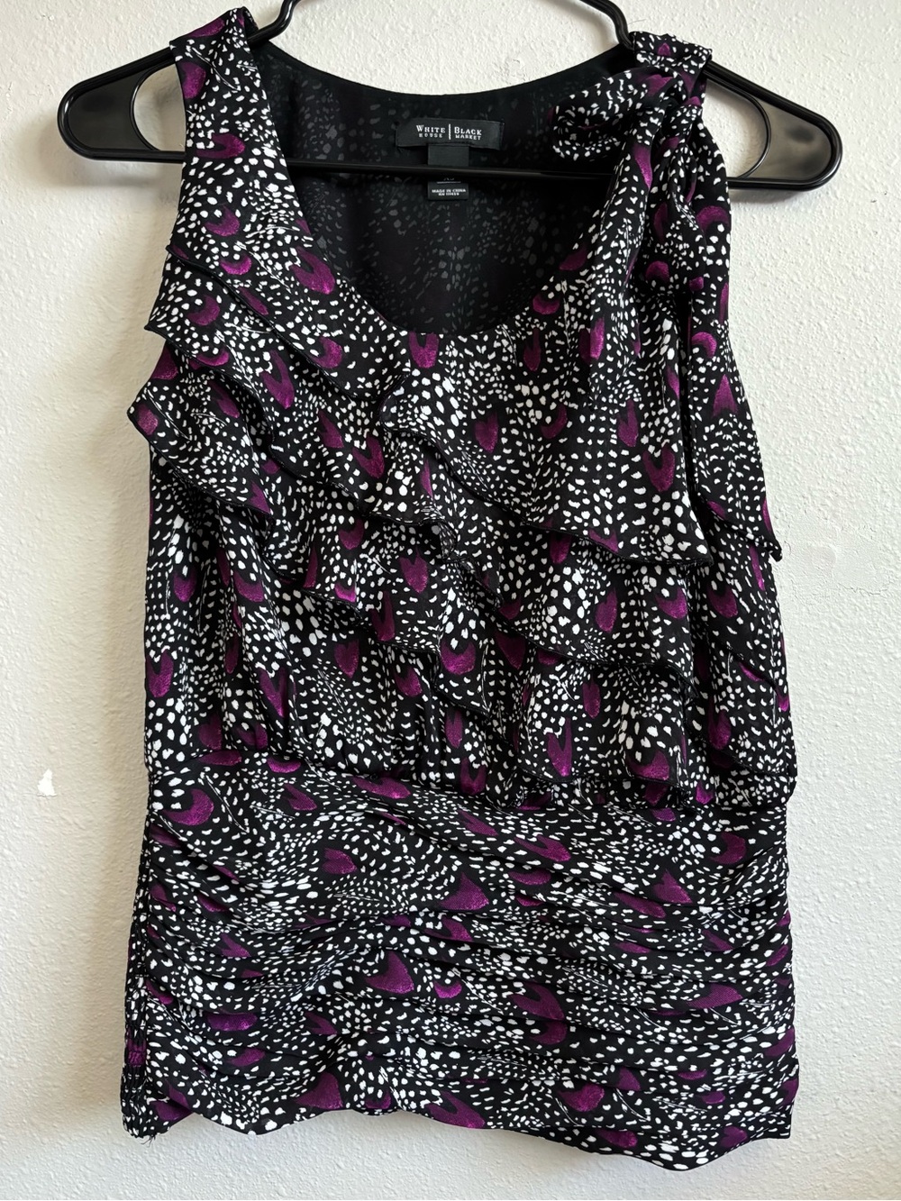 White House Black Market Ruffled Sleeveless Blouse Black, Purple & White XS Top